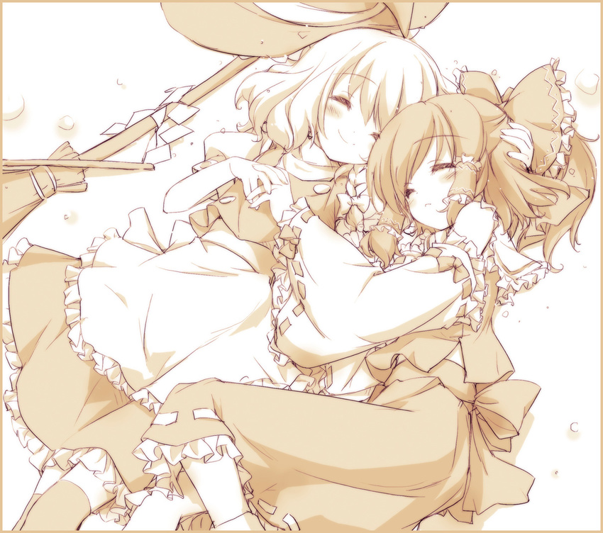 beige blush border bow broom closed_eyes gohei gotou_nao hair_bow hair_tubes hakurei_reimu hand_behind_head hat hat_removed headwear_removed holding_hands kirisame_marisa lying monochrome multiple_girls on_back on_side sleeping smile thighhighs touhou