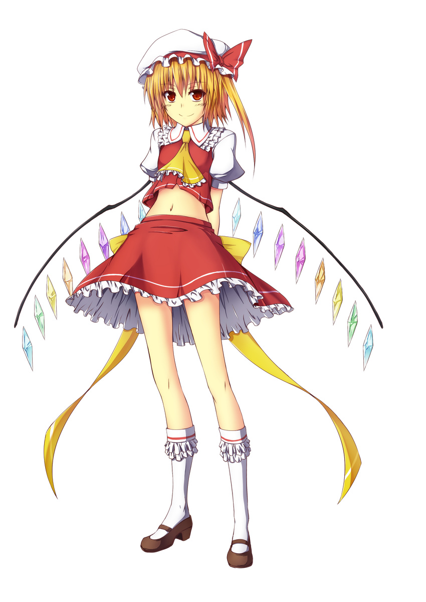 absurdres arms_behind_back bad_id bad_pixiv_id blonde_hair bow flandre_scarlet full_body hat highres legs midriff navel oukawa_yuu red_eyes short_hair side_ponytail skirt smile socks solo standing touhou transparent_background wings