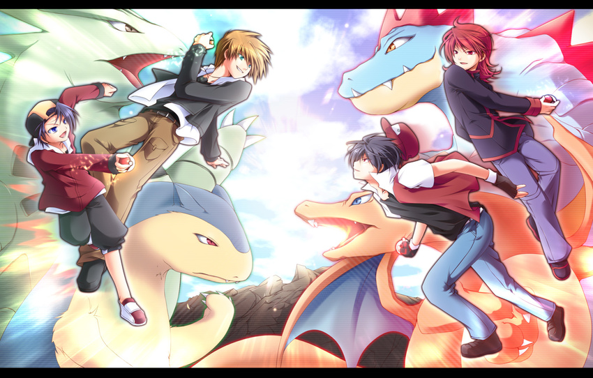 ahoge backwards_hat bad_id bad_pixiv_id ball baseball_cap battle black_hair blue_eyes brown_hair charizard coat denim explosion feraligatr fingerless_gloves gen_1_pokemon gen_2_pokemon gloves gold_(pokemon) green_eyes grin hat highres holding holding_poke_ball hood hoodie jacket jeans jewelry jumping letterboxed mayokichi multiple_boys necklace ookido_green open_mouth pants poke_ball pokemon pokemon_(creature) pokemon_(game) pokemon_hgss pokemon_rgby poking popped_collar red_(pokemon) red_(pokemon_rgby) red_eyes red_hair running short_hair silver_(pokemon) smile typhlosion tyranitar