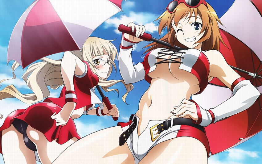 ass belt bent_over black_panties blonde_hair blue_eyes blush breasts charlotte_e_yeager cloud crop_top day detached_sleeves embarrassed eyewear_on_head frown glasses grey_eyes grin hand_on_hip kawamura_kousuke large_breasts long_hair looking_back multiple_girls navel official_art open_fly orange_hair panties perrine_h_clostermann race_queen revealing_clothes scan scan_artifacts short_shorts shorts skirt sky smile strike_witches sunglasses umbrella underboob underwear unzipped very_long_hair wallpaper world_witches_series wristband yellow_eyes