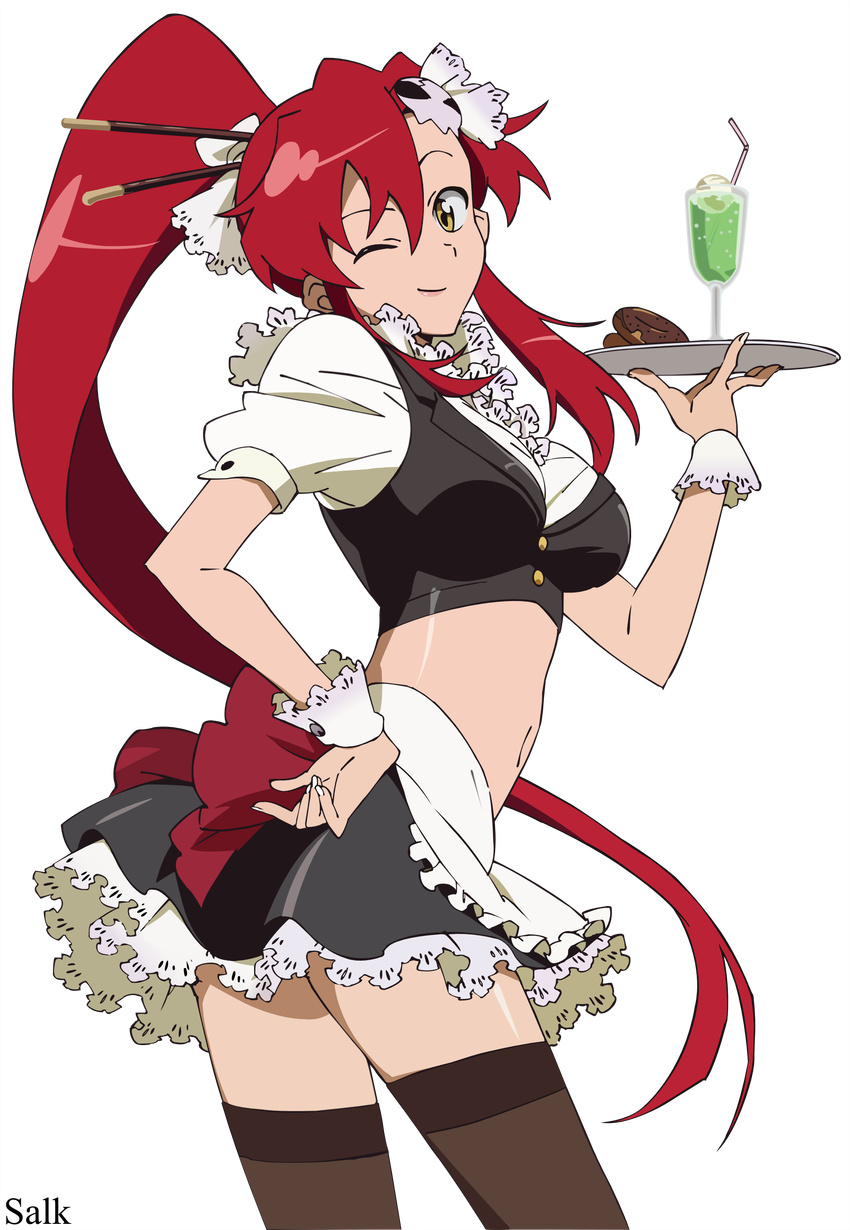 ;) absurdres apron artist_request bendy_straw big_hair black_skirt blazer breasts brown_legwear crop_top cup doughnut drinking_glass drinking_straw food food_as_clothes frilled_apron frills hair_ornament hair_stick hand_on_hip high_ponytail highres holding holding_tray jacket long_hair looking_at_viewer looking_to_the_side medium_breasts midriff miniskirt navel one_eye_closed pieces_of_sweet_stars pocky puffy_short_sleeves puffy_sleeves red_hair shirt short_sleeves skirt sleeveless_blazer smile solo source_request standing tengen_toppa_gurren_lagann thighhighs transparent_background tray twisted_torso vector_trace very_long_hair waist_apron waitress white_apron white_shirt wrist_cuffs yoko_littner