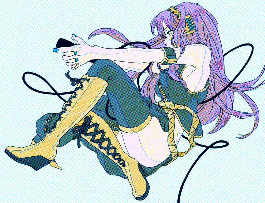 blue_nails boots finger_gun headphones long_hair megurine_luka mrbr nail_polish pink_hair solo thighhighs vocaloid zettai_ryouiki