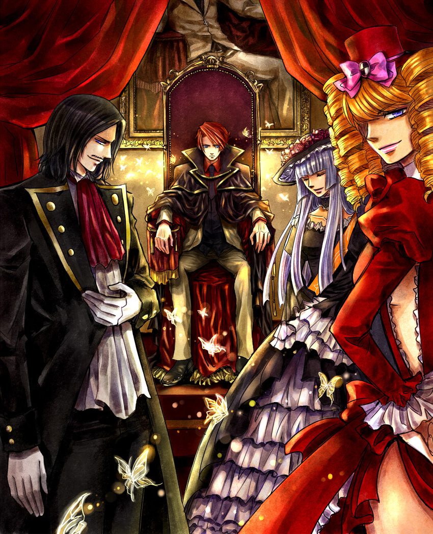 2girls black_hair blonde_hair blue_eyes bow bug butterfly cape choker closed_eyes dress drill_hair facial_hair gaap gown hat highres insect kaoru long_hair mini_hat mini_top_hat multiple_boys multiple_girls mustache necktie pink_bow ronove silver_hair top_hat umineko_no_naku_koro_ni ushiromiya_battler virgilia