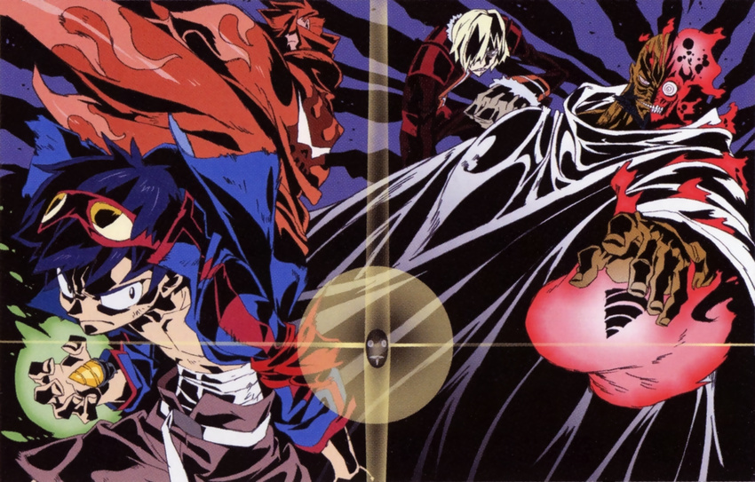 antispiral cape drill epic goggles goggles_on_head highres imaishi_hiroyuki kamina kamina_shades lordgenome male_focus multiple_boys official_art oversized_limbs ringed_eyes sarashi simon spiral_power tengen_toppa_gurren_lagann viral