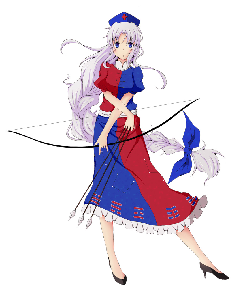 arrow blue_eyes bow bow_(weapon) braid breasts daigorou full_body hat high_heels highres long_braid long_hair medium_breasts shoes silver_hair solo touhou transparent_background trigram weapon yagokoro_eirin