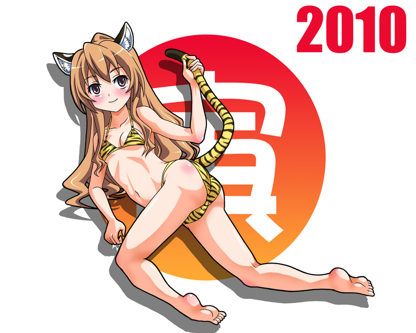 2010 aisaka_taiga animal_ears animal_print ass barefoot bikini brown_eyes brown_hair doku_donguri feet flat_chest holding_own_tail long_hair new_year solo swimsuit tail tail_grab tiger_ears tiger_print tiger_tail toradora!