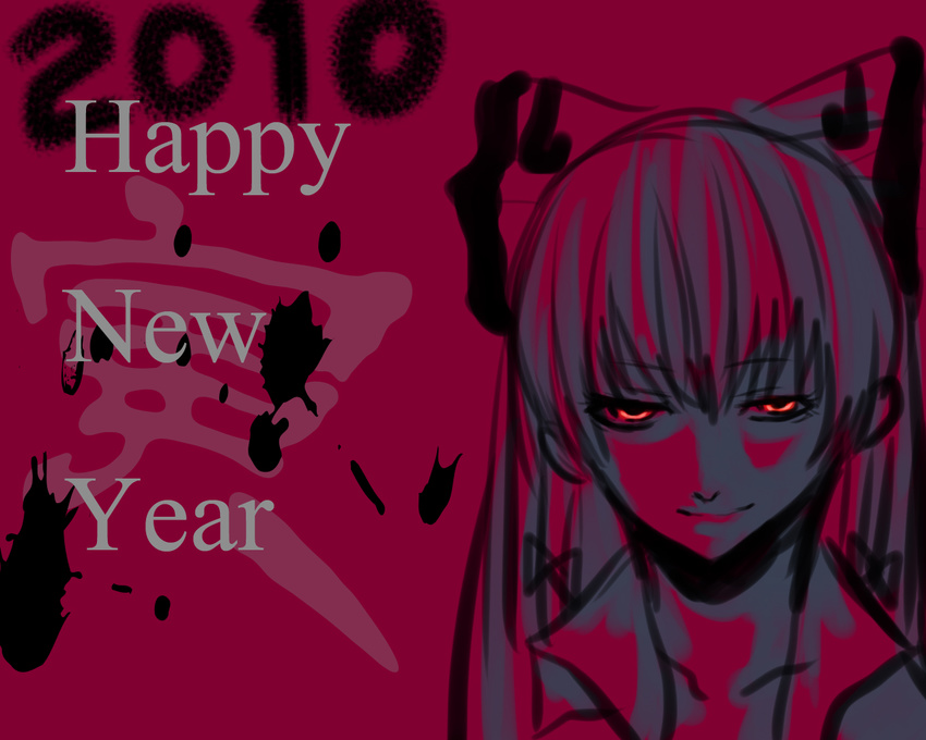 2010 bad_id bad_pixiv_id face fujiwara_no_mokou glowing glowing_eyes hair_ribbon monochrome new_year red red_background remon2222 ribbon smirk solo touhou