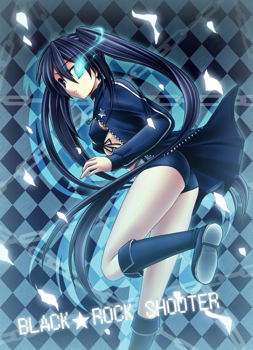 absurdres argyle argyle_background bad_id bad_pixiv_id black_hair black_rock_shooter black_rock_shooter_(character) blue_eyes burning_eye highres kirihara_natsuki long_hair solo twintails