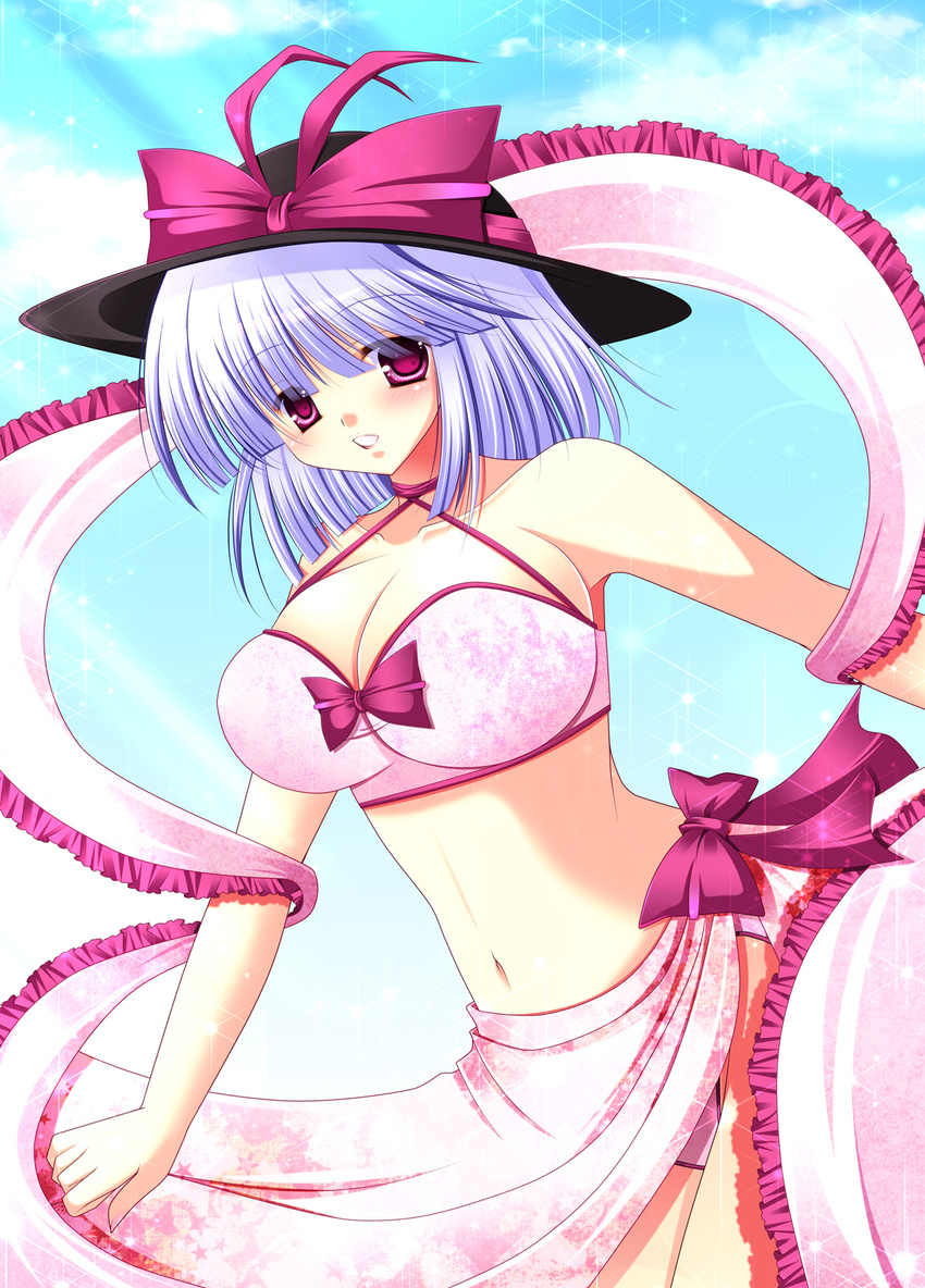 bad_id bad_pixiv_id bare_shoulders bikini bow breasts cleavage frills hat hat_ribbon highres hiyori-o large_breasts looking_at_viewer midriff nagae_iku navel pink_sarong print_sarong purple_eyes purple_hair ribbon sarong shawl skindentation solo swimsuit touhou