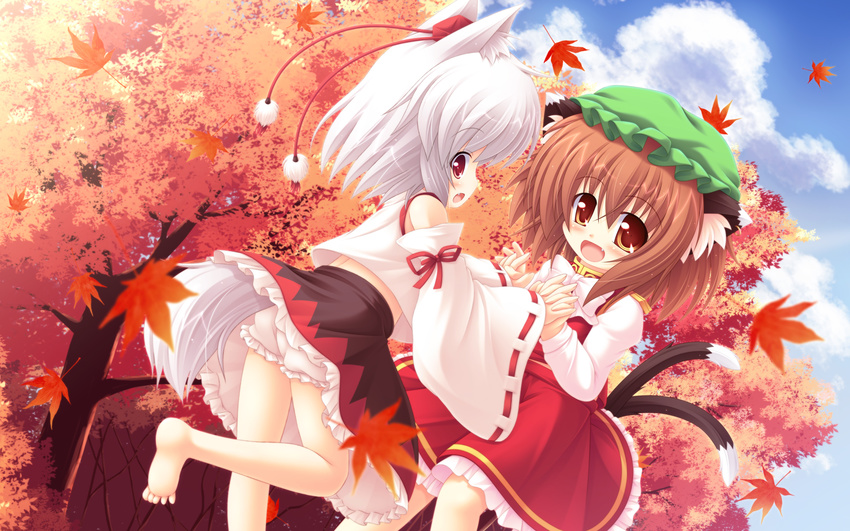 animal_ears bare_shoulders barefoot bloomers blush brown_hair cat_ears cat_tail chen child cloud detached_sleeves earrings hat highres holding_hands interlocked_fingers inubashiri_momiji jewelry leaf maple_leaf multiple_girls multiple_tails open_mouth red_eyes short_hair silver_hair skirt sky smile tail tokin_hat touhou tree underwear wolf_ears wolf_tail yokuran
