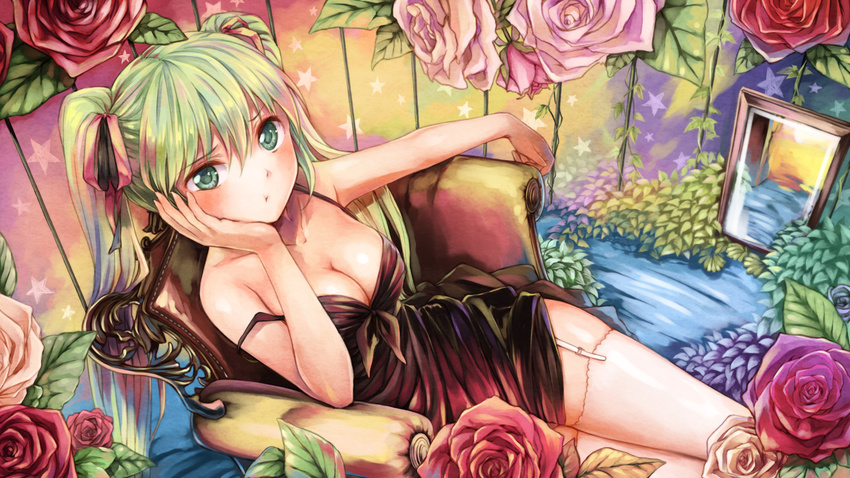 :t alternate_costume bare_shoulders bow breasts chair chin_rest cleavage dress flower front-tie_top garter_straps hair_bow hair_ribbon hatsune_miku highres long_hair medium_breasts no_bra ribbon sitting solo strap_slip thighhighs twintails vocaloid wallpaper yakusa zettai_ryouiki