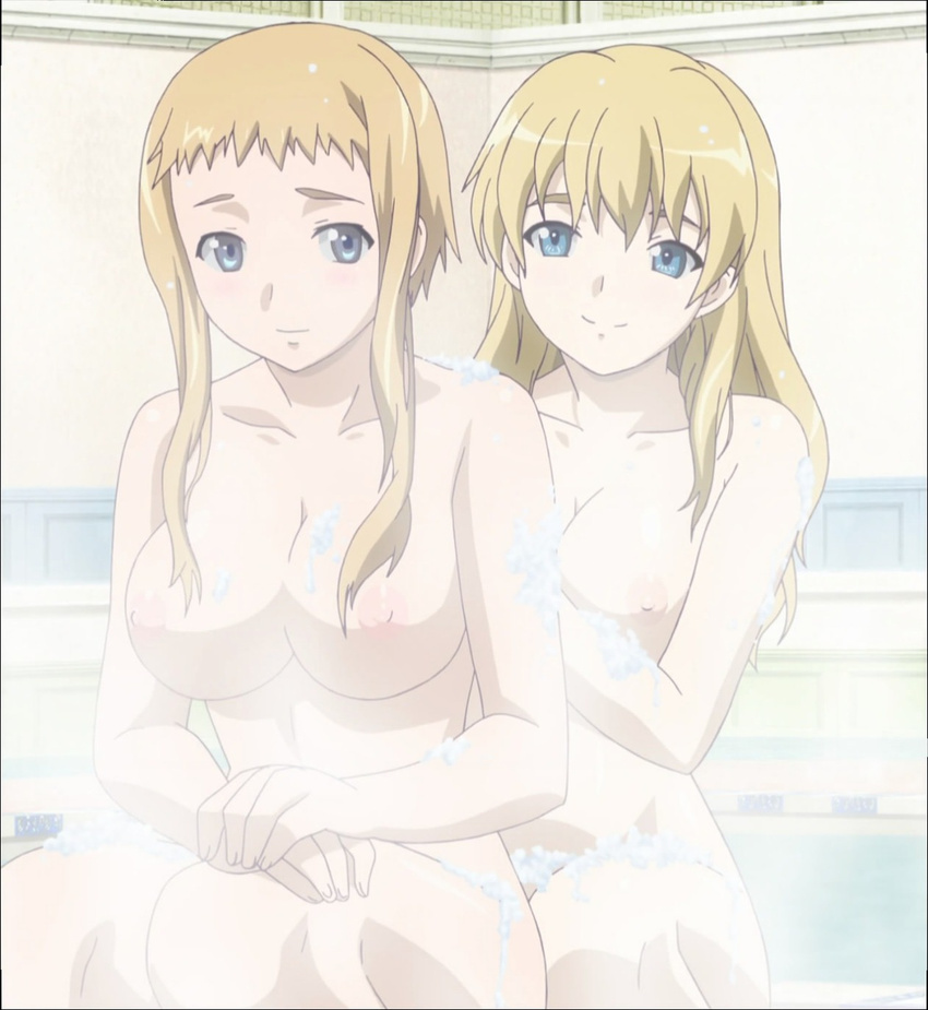 2girls areolae bath bathroom blonde_hair blue_eyes blush breasts bubble cap elina highres large_breasts leina long_hair multiple_girls nipples nude queen's_blade queen's_blade screencap sitting smile steam washing water yuri