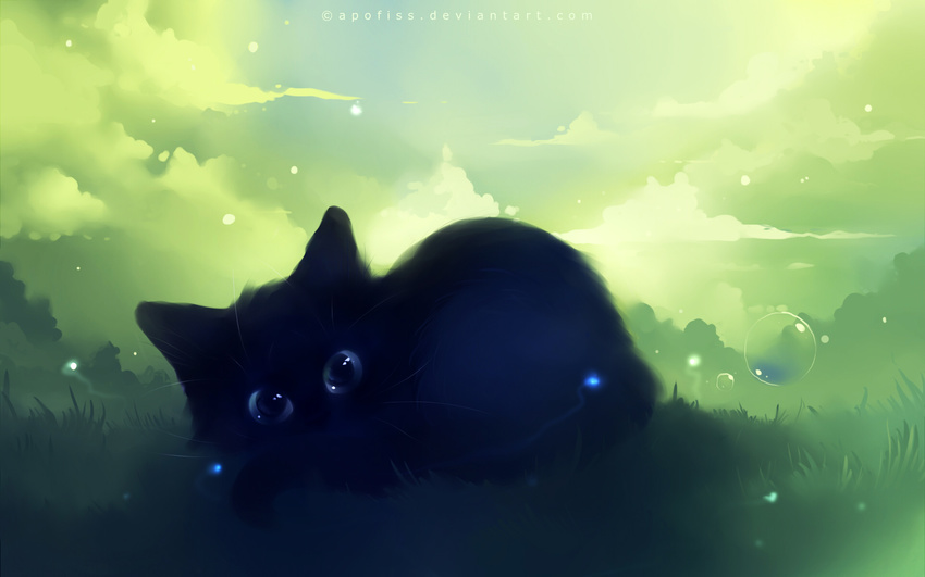 ambiguous_gender apofiss big_eyes black black_fur blue_eyes bubble bubbles cat cloud clouds cool_colors cub cute daww feline fur grass green_theme grey_eyes kitten looking_at_viewer lying mammal sky solo wallpaper whiskers widescreen young