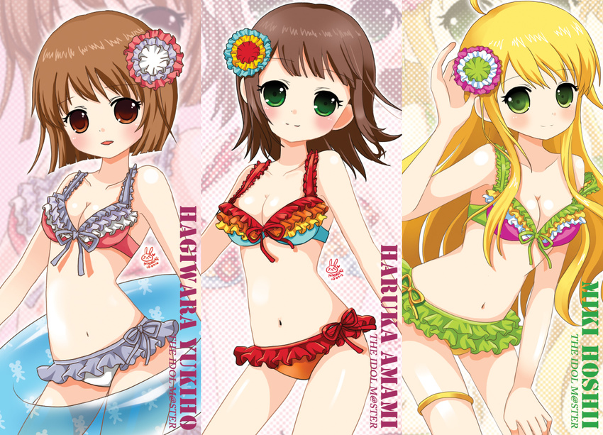 amami_haruka bad_id bad_pixiv_id bikini blonde_hair brown_eyes brown_hair choi_e_sul frilled_bikini frills green_eyes hagiwara_yukiho hoshii_miki idolmaster idolmaster_(classic) innertube long_hair multiple_girls short_hair swimsuit zoom_layer