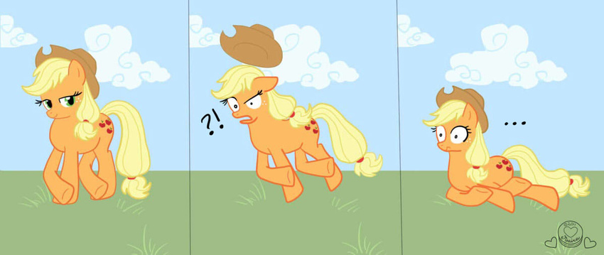 ?! applejack_(mlp) blonde_hair cloud comic cowboy_hat cowgirl crossed_hooves cutie_mark equine fall female feral friendship_is_magic frown green_eyes hair hasbro hat horse humor humour logic mammal my_little_pony naira pony pose shocked smile solo standing surprise