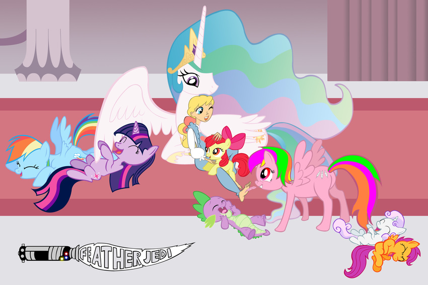 alicorn applebloom_(mlp) cub cutie_mark cutie_mark_crusaders_(mlp) dragon equine female feral friendship_is_magic group hasbro horn horse human laugh mammal my_little_pony pegacorn pegasus pony princess princess_celestia_(mlp) rainbow_dash_(mlp) royalty scootaloo_(mlp) sweetie_belle_(mlp) tickle tickling twilight_sparkle_(mlp) unicorn unknown_artist winged_unicorn wings young