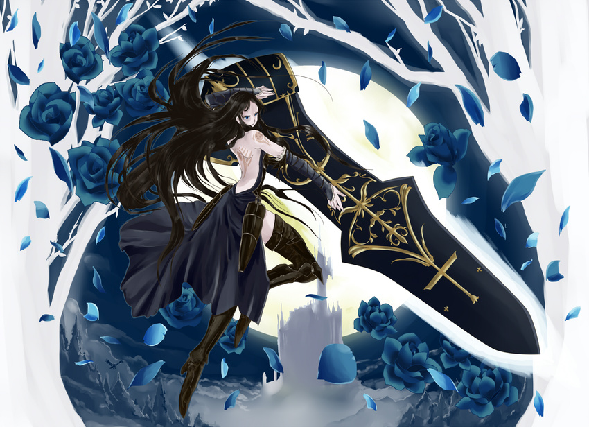 armor back backless_outfit bare_back bare_shoulders black_hair blue_eyes blue_flower blue_rose boots bridal_gauntlets castlevania castlevania:_order_of_ecclesia detached_sleeves dress flower huge_weapon long_hair rose ruri_(rukiafile) shanoa side_slit solo sword tattoo thigh_boots thighhighs weapon