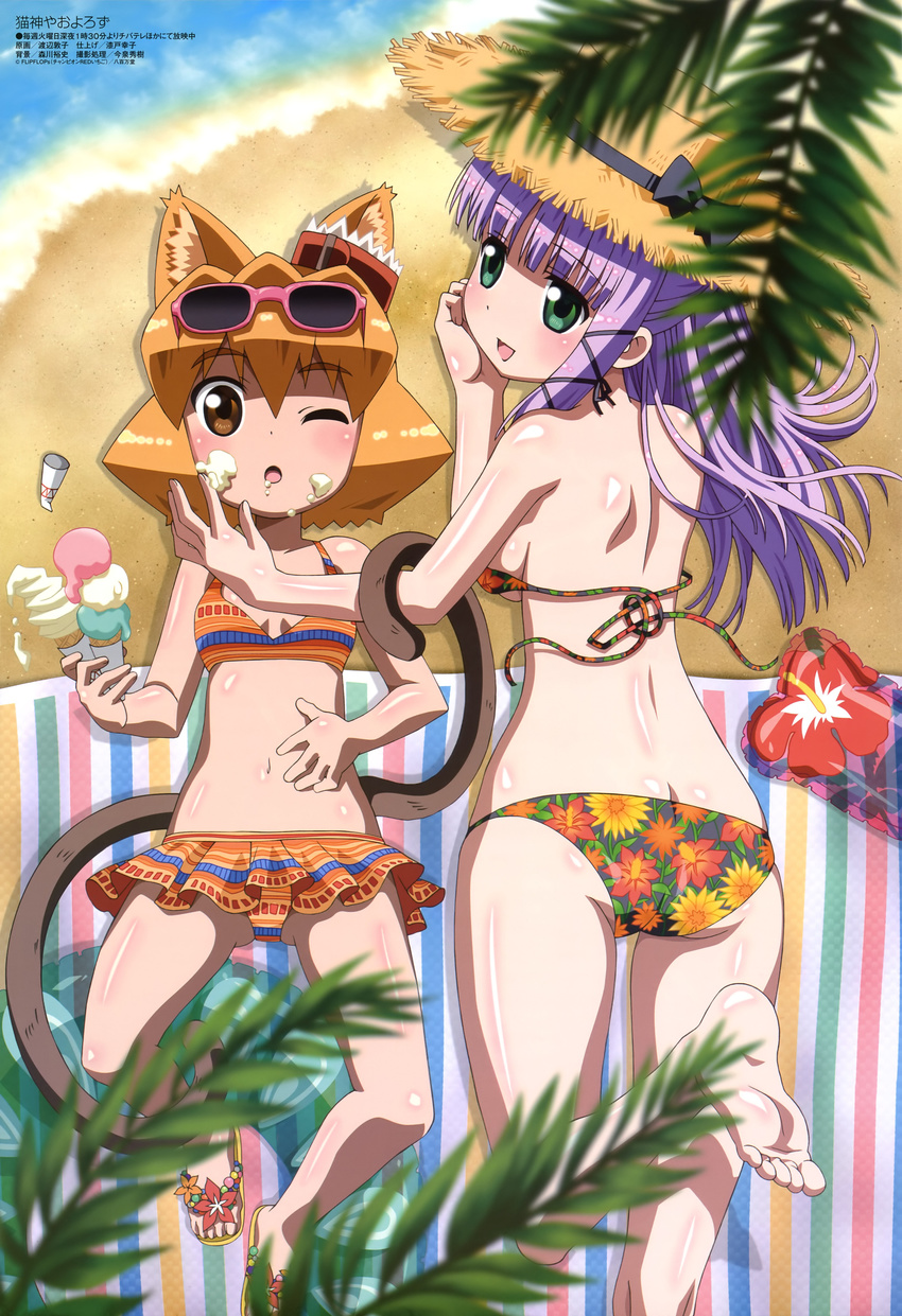 :d ;o absurdres animal_ears ass barefoot beach bikini brown_eyes brown_hair cat_ears cat_tail eyewear_on_head feet floral_print food food_on_face glasses green_eyes hat highres ice_cream ice_cream_on_face komiya_yuzu lying mayu_(nekogami_yaoyorozu) megami multiple_girls multiple_tails navel nekogami_yaoyorozu non-web_source official_art on_back on_stomach one_eye_closed open_mouth print_bikini purple_hair sandals smile straw_hat sunglasses swimsuit tail untied watanabe_atsuko water