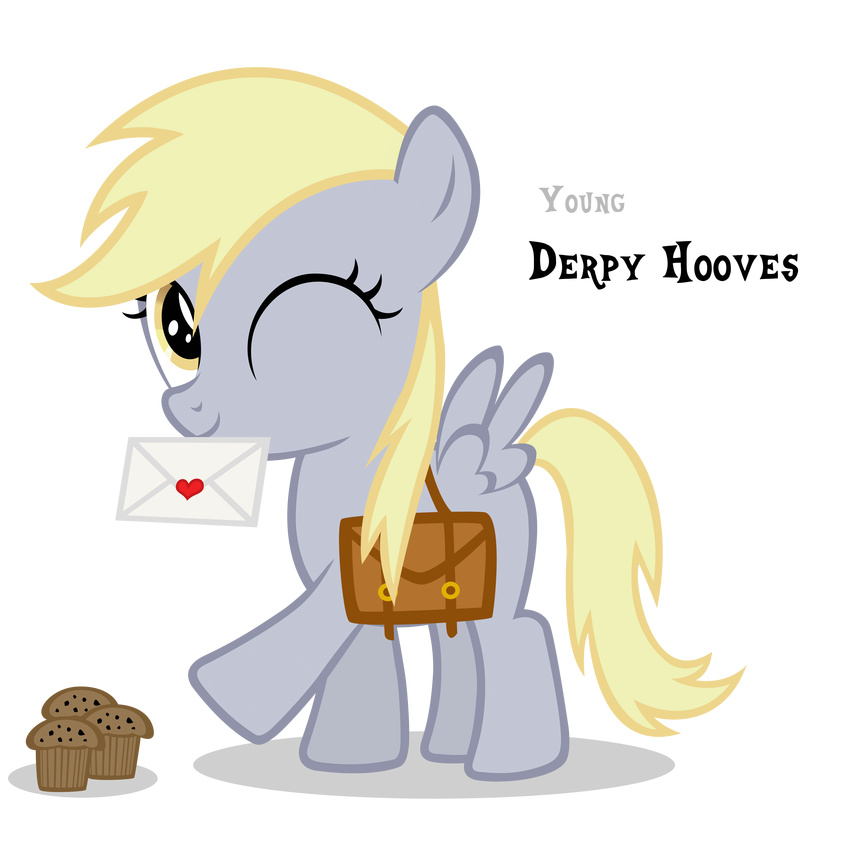 absurd_res alpha_channel baked_goods blackm3sh blonde_hair cub derpy_hooves_(mlp) equine female feral food friendship_is_magic fur grey_fur hair hasbro hi_res horse letter mail mammal mouth_hold muffin muffins my_little_pony one_eye_closed pegasus plain_background pony saddle_bag solo transparent_background wings wink young