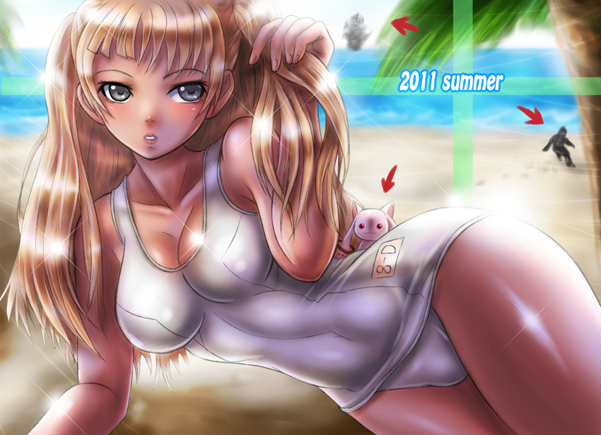 beach bigfoot blonde_hair boken_fantasy cameo claymore collarbone day dietrich directional_arrow kyubey long_hair mahou_shoujo_madoka_magica one-piece_swimsuit outdoors palm_tree school_swimsuit silver_eyes swimsuit tree twintails water white_school_swimsuit white_swimsuit