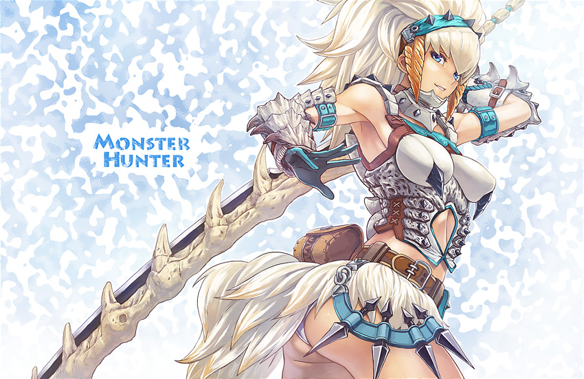 armor armpits ass barioth_(armor) blue_eyes fur gloves guchico hairband highres monster_hunter panties solo sword underwear weapon white_hair