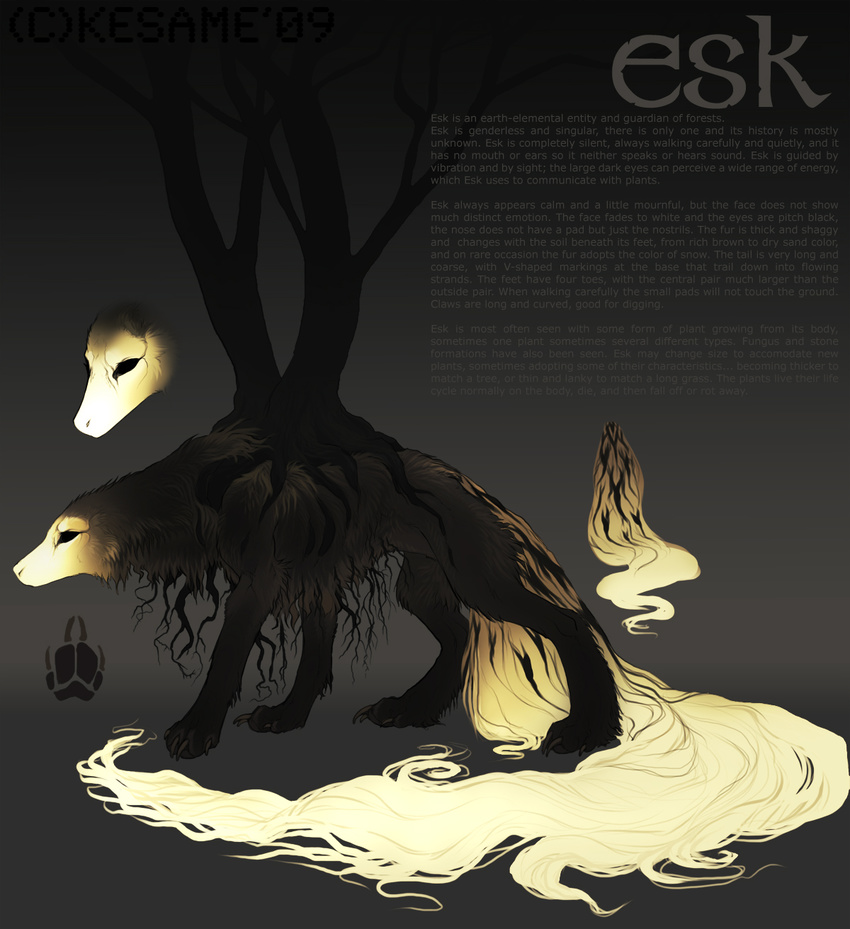 black_eyes black_sclera brown brown_background brown_fur canine character_profile claws cream_fur earth_elemental elemental esk fur glowing long_tail mammal pawprint plain_background profile roots sullivan tail tree unknown_species weird white_markings wood