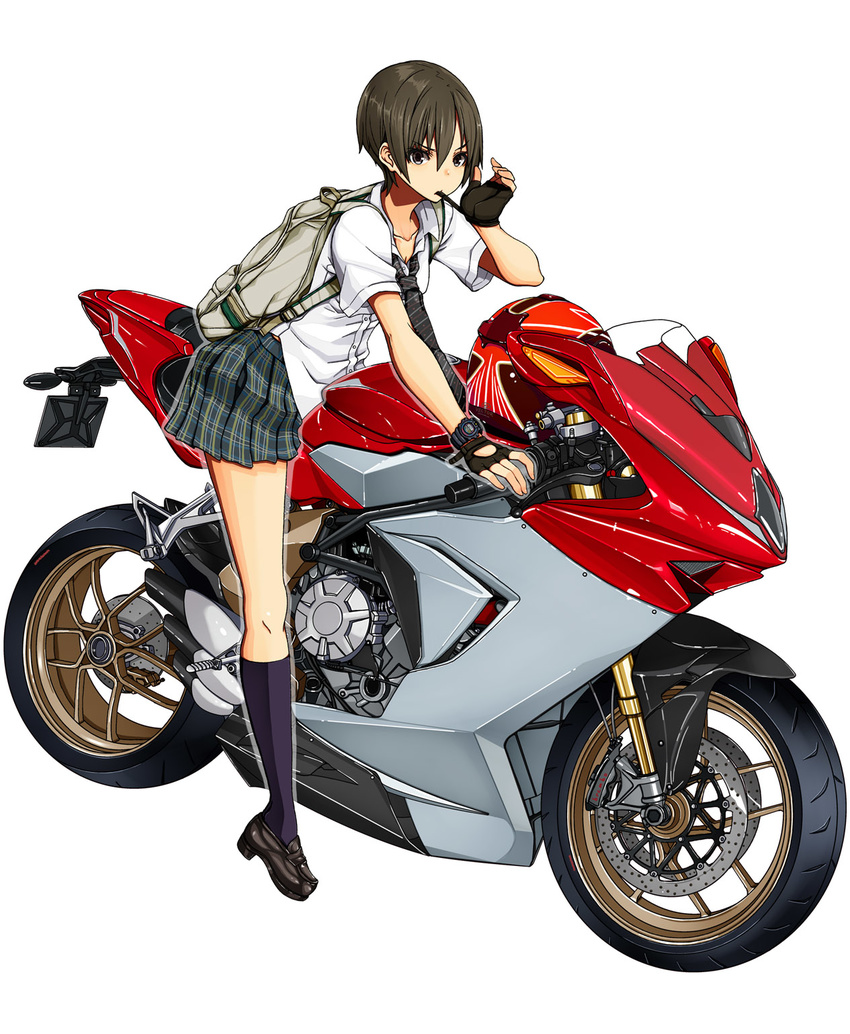 backpack bag biting black_eyes black_legwear brown_hair dress_shirt fingerless_gloves full_body glove_biting gloves ground_vehicle helmet highres joy_(joy-max) kneehighs loafers motor_vehicle motorcycle mouth_hold necktie original plaid plaid_skirt pleated_skirt school_uniform shirt shoes short_hair simple_background skirt solo watch wristwatch