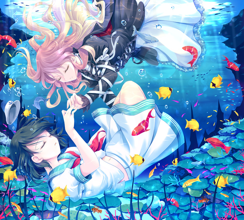 black_hair blonde_hair caustics cetera closed_eyes dress fish gradient_hair hat hat_removed headwear_removed highres hijiri_byakuren long_hair midriff multicolored_hair multiple_girls murasa_minamitsu navel purple_hair sailor sailor_hat short_hair touhou two-tone_hair underwater