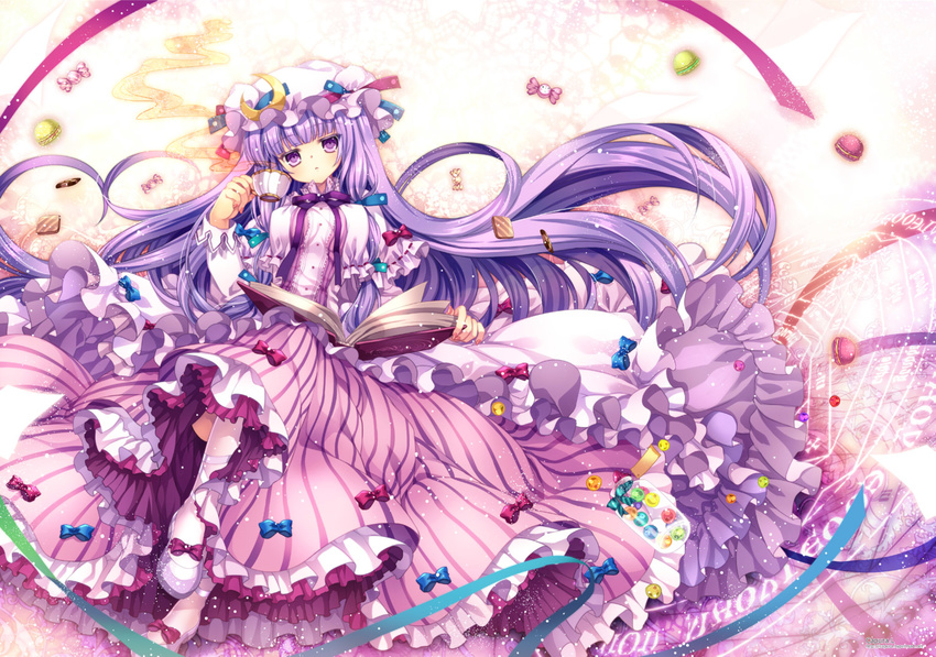 bangs blunt_bangs book bow candy capura_lin crescent cup dress embellished_costume food frills gathers hair_bow hat lavender_eyes lavender_hair light_particles long_hair looking_at_viewer macaron magic_circle open_book patchouli_knowledge purple_eyes purple_hair ribbon solo teacup thighhighs too_many too_many_frills touhou very_long_hair white_legwear