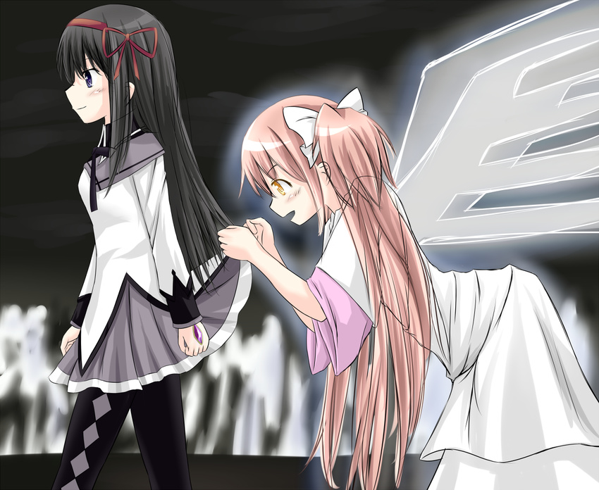 akemi_homura bad_id bad_pixiv_id black_hair dress female_pervert gloves kaname_madoka long_hair mahou_shoujo_madoka_magica multiple_girls pantyhose pervert pink_hair profile ribbon role_reversal sicile_gloria skirt skirt_lift spoilers ultimate_madoka white_dress white_gloves wings you_gonna_get_raped yuri