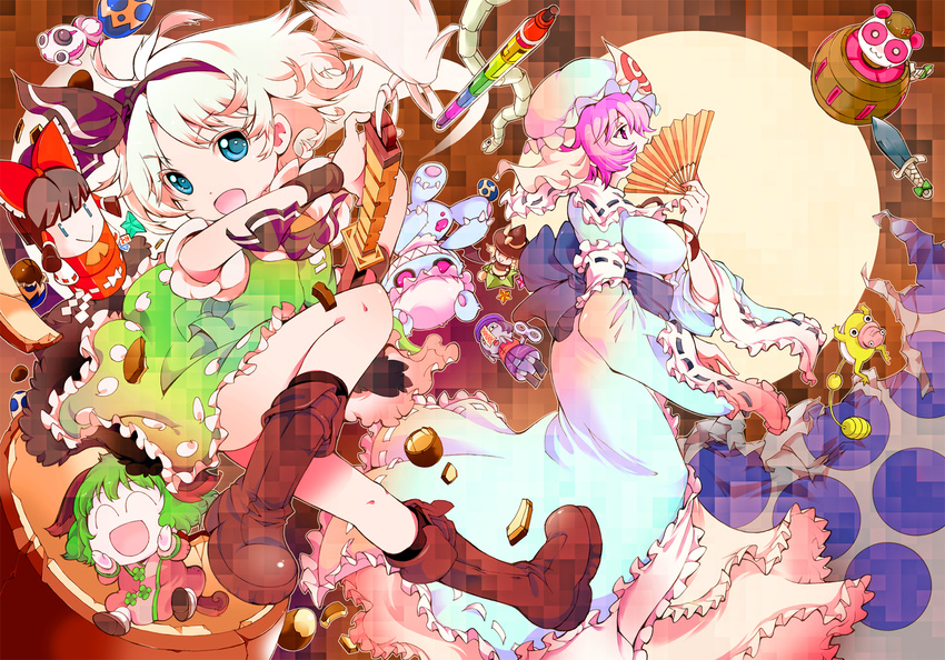 album_cover animal_ears black_legwear blue_eyes boots candy character_doll chibi cover egg fan folding_fan food hairband hakurei_reimu highres hong_meiling hong_meiling_(panda) ichizen_(o_tori) kasodani_kyouko kirisame_marisa kneehighs konpaku_youmu miyako_yoshika multiple_girls pink_eyes pink_hair saigyouji_yuyuko skirt sword tail ten_desires touhou toy vest weapon white_hair