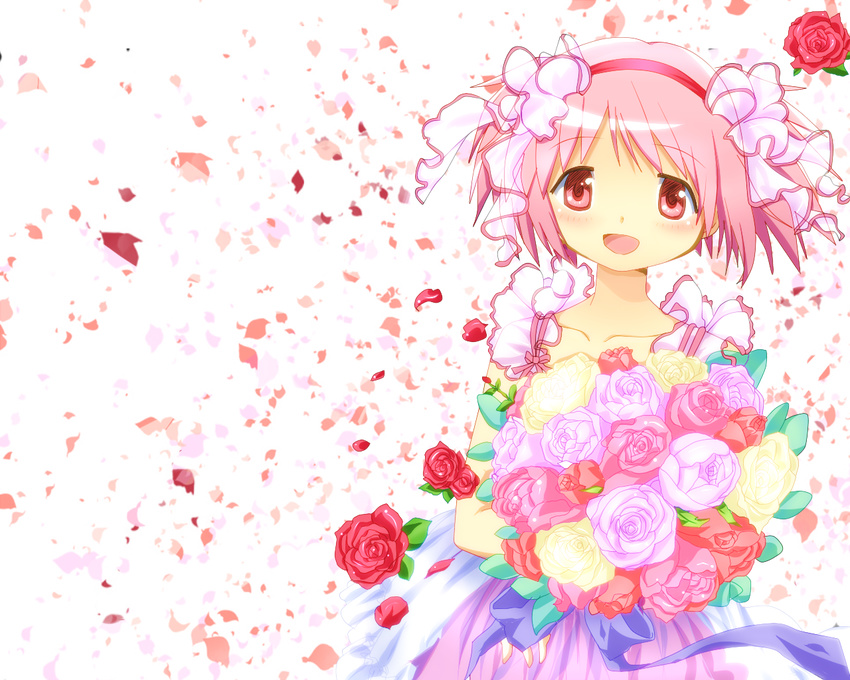 alternate_costume bad_id bad_pixiv_id bouquet dress flower frills hairband heart holding kaname_madoka mahou_shoujo_madoka_magica petals pink_eyes pink_flower pink_hair pink_rose red_flower red_rose ribbon rose short_twintails smile solo transparent_background twintails yellow_flower yellow_rose yuiyuimoe