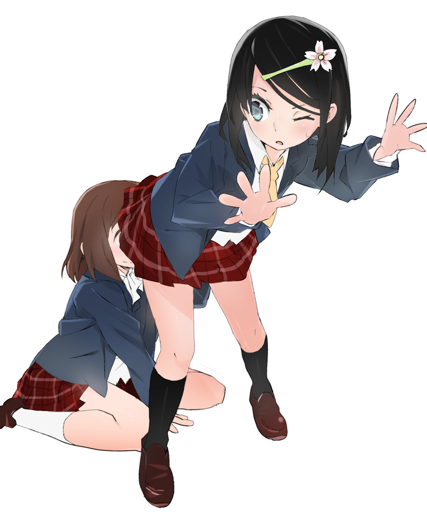 black_hair brown_hair female_pervert flower hair_flower hair_ornament highres karei multiple_girls one_eye_closed original pervert plaid plaid_skirt school_uniform short_hair skirt sweatdrop uniform white_legwear yuri