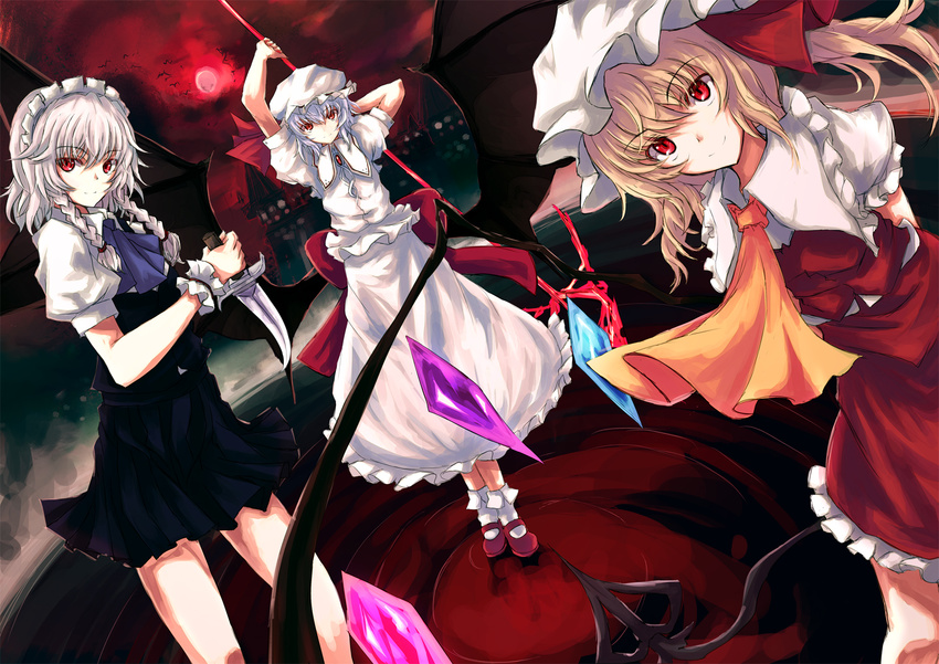 arms_behind_back arms_up asagi_(kabocha_oukoku) ascot bad_id bad_pixiv_id bat bat_wings black_dress blonde_hair blue_hair blue_neckwear bobby_socks braid brooch dress dutch_angle eyebrows_visible_through_hair feet_out_of_frame flandre_scarlet frilled_shirt_collar frills full_body hair_between_eyes hat hat_ribbon highres holding holding_knife holding_spear holding_weapon izayoi_sakuya jewelry knife laevatein looking_at_viewer maid maid_headdress mary_janes mob_cap moon multiple_girls petticoat polearm puffy_short_sleeves puffy_sleeves red_eyes red_footwear red_moon red_ribbon red_skirt red_sky red_vest remilia_scarlet ribbon shoes short_dress short_hair short_sleeves siblings side_ponytail silver_hair sisters skirt sky smile socks spear spear_the_gungnir standing touhou twin_braids vest weapon white_dress white_hat white_legwear wing_collar wings wrist_cuffs yellow_neckwear