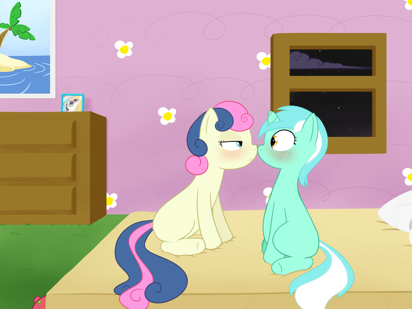 bed bedroom blush bonbon_(mlp) equine eye_contact face_to_face female feral friendship_is_magic hasbro hi_res horn horse krekka01 lesbian lyra_(mlp) lyra_heartstrings_(mlp) mammal my_little_pony pillow pony unicorn young younger