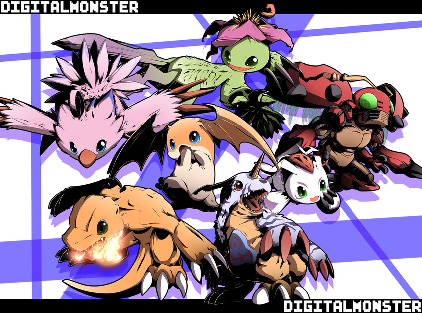 blue_eyes breathing_fire digimon digimon_adventure fire flame gabumon gomamon green_eyes letterboxed no_humans palmon patamon piyomon satsuki_mei_(sakuramochi) tentomon