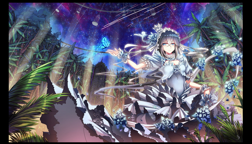 black_hair blue_eyes blue_flower blue_rose bug butterfly cage character_request copyright_request crown door flower frills glycyrrhizae highres insect long_hair palm_tree rose solo star_(sky) tree very_long_hair wrist_cuffs