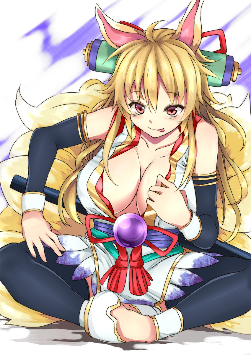 :p animal_ears bare_shoulders blonde_hair breasts cleavage detached_sleeves fox_ears fox_tail haruyuki_(yukichasoba) highres indian_style izuna_(shinrabanshou) large_breasts long_hair multiple_tails pantyhose red_eyes shinrabanshou sitting solo tail tongue tongue_out