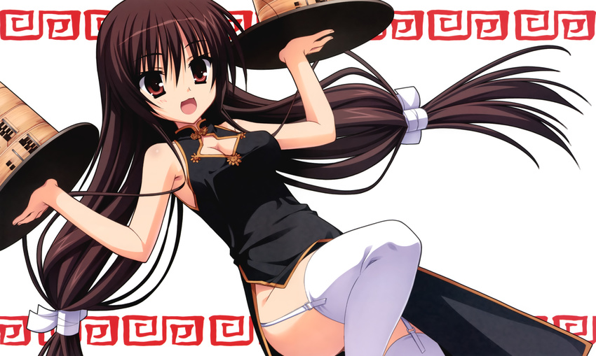 :d absurdres breasts brown_eyes brown_hair china_dress chinese_clothes cleavage cleavage_cutout dress garter_straps highres legs medium_breasts muririn no_panties open_mouth smile solo tenshinranman thighhighs tray unohana_no_sakuyahime white_legwear