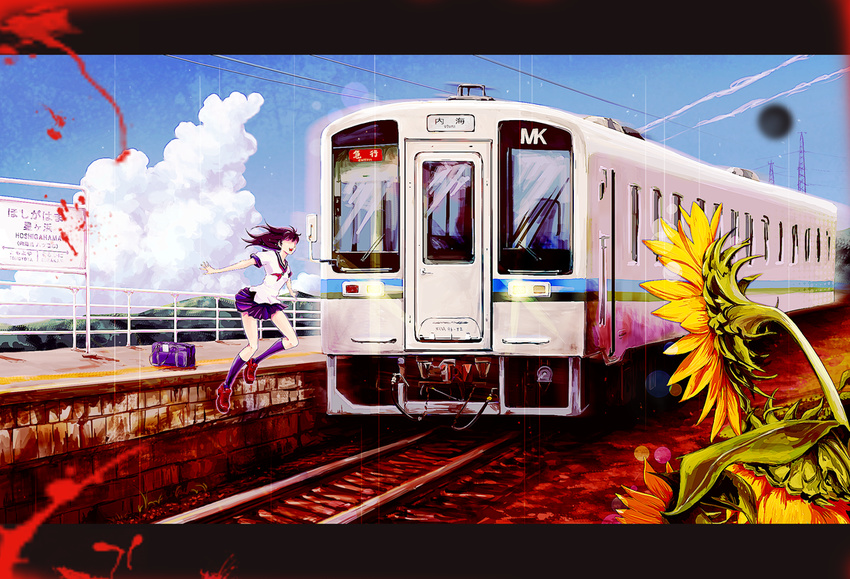 bad_id bad_pixiv_id bag black_hair blood blood_splatter character_request cloud copyright_request day flower ground_vehicle jumping kurotani_mana letterboxed long_hair open_mouth pixelated school_bag school_uniform serafuku sky solo suicide sunflower train train_station