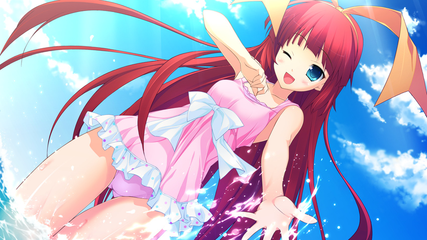 game_cg kuon_itsuki red_hair swimsuit tiny_dungeon von_term water wink