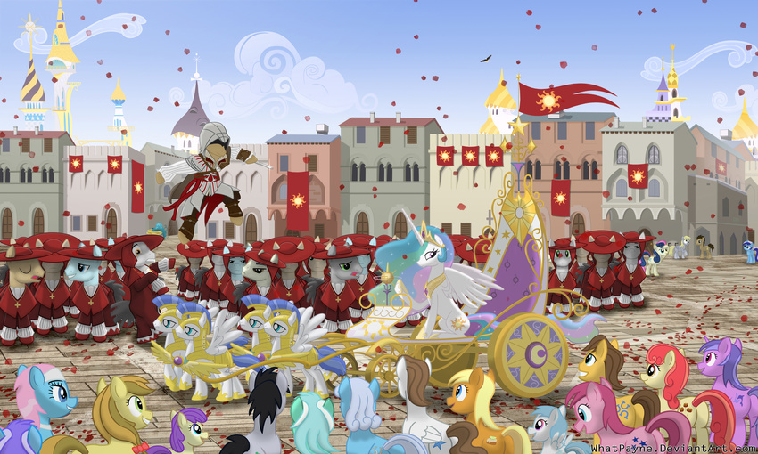 assassin's_creed assassin's_creed assassination banner bonbon_(mlp) building carriage celebration ceremony colgate_(mlp) confetti cutie_mark derpy_hooves_(mlp) doctor_whoof_(mlp) doctor_whooves_(mlp) equestrian_flag equine ezio_auditore female feral flag friendship_is_magic hasbro horn horse lotus_(mlp) lucky_(mlp) male mammal my_little_pony outside pegasi_guard_(mlp) pegasus pony princess princess_celestia_(mlp) royal_guard_(mlp) royalty unicorn unknown_pony video_games whatpayne winged_unicorn wings