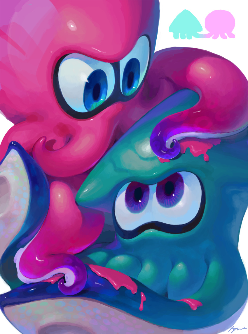 2others ayumi_(830890) blue_eyes eye_contact green_skin highres ink inkling looking_at_another multiple_others octoling octopus pink_skin purple_eyes signature simple_background splatoon splatoon_(series) splatoon_2 squid suction_cups tentacle white_background