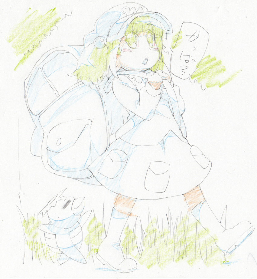 =_= backpack bag blush_stickers boots green_eyes green_hair hair_bobbles hair_ornament hat highres kappa kawashiro_nitori neibii sketch skirt solo touhou two_side_up walking