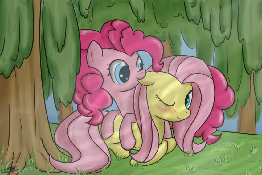 blush ear_bite ear_biting equine female feral fluttershy_(mlp) forest friendship_is_magic fur hasbro horse lesbian looking_back mammal my_little_pony one_eye_closed pegasus pink_fur pinkie_pie_(mlp) pony smile speccysy tree wings wood