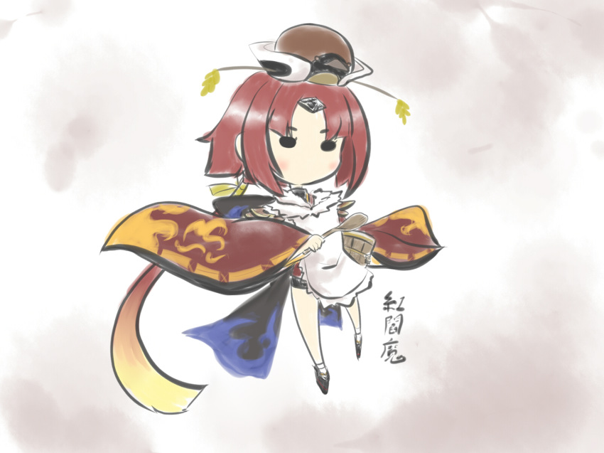 1girl apron benienma_(fate/grand_order) blush_stickers bow chibi commentary_request fate_(series) feathers full_body goma_(gomasamune) hat headpiece highres holding holding_spoon long_hair long_sleeves ponytail red_hair rice_cooker rice_spoon rice_stalk shoes short_hair solo spoon standing translation_request wide_sleeves