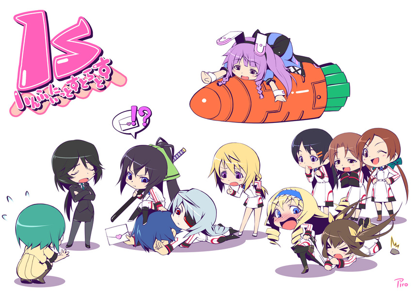 &gt;_&lt; 1boy 6+girls :d :t ;d black_hair black_legwear blonde_hair blue_eyes blue_hair blue_hairband braid brown_hair carrot cecilia_alcott charlotte_dunois chibi closed_eyes crossed_arms drill_hair everyone eyepatch green_hair hair_ornament hair_ribbon hairband hairclip hand_on_hip huang_lingyin infinite_stratos katana laura_bodewig letter long_hair love_letter multiple_girls nohotoke_honne one_eye_closed open_mouth orimura_chifuyu orimura_ichika pantyhose piro_(orip) ponytail pout purple_eyes purple_hair red_eyes ribbon scabbard sheath sheathed shinonono_houki shinonono_tabane short_hair signature simple_background sitting sitting_on_head sitting_on_person sleeves_past_wrists smile sword tanimoto_yuzu tripping twin_braids twin_drills twintails weapon wrist_cuffs yamada_maya_(infinite_stratos) yorutake_sayuka