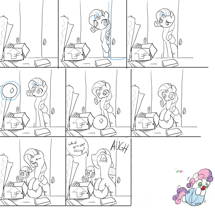 awww ball black_and_white box closet comic cute english_text equine female feral friendship_is_magic happy hasbro horn horse magic mammal monochrome my_little_pony pony questioning rarity_(mlp) secret sitting smile sweetie_belle_(mlp) text unicorn unknown_artist yelp