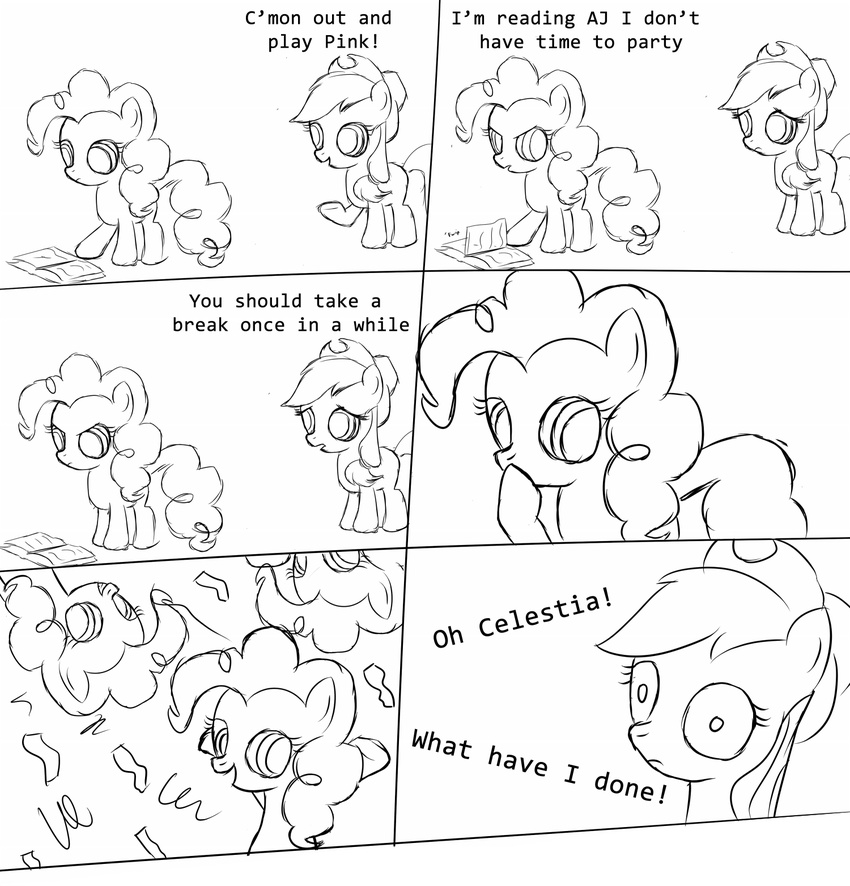 black_and_white book comic confetti cowboy_hat cub duo epiphany equine female feral friendship_is_magic hasbro hat horse mammal monochrome my_little_pony pinkie_pie_(mlp) plain_background pony streamers studying unknown_artist white_background young