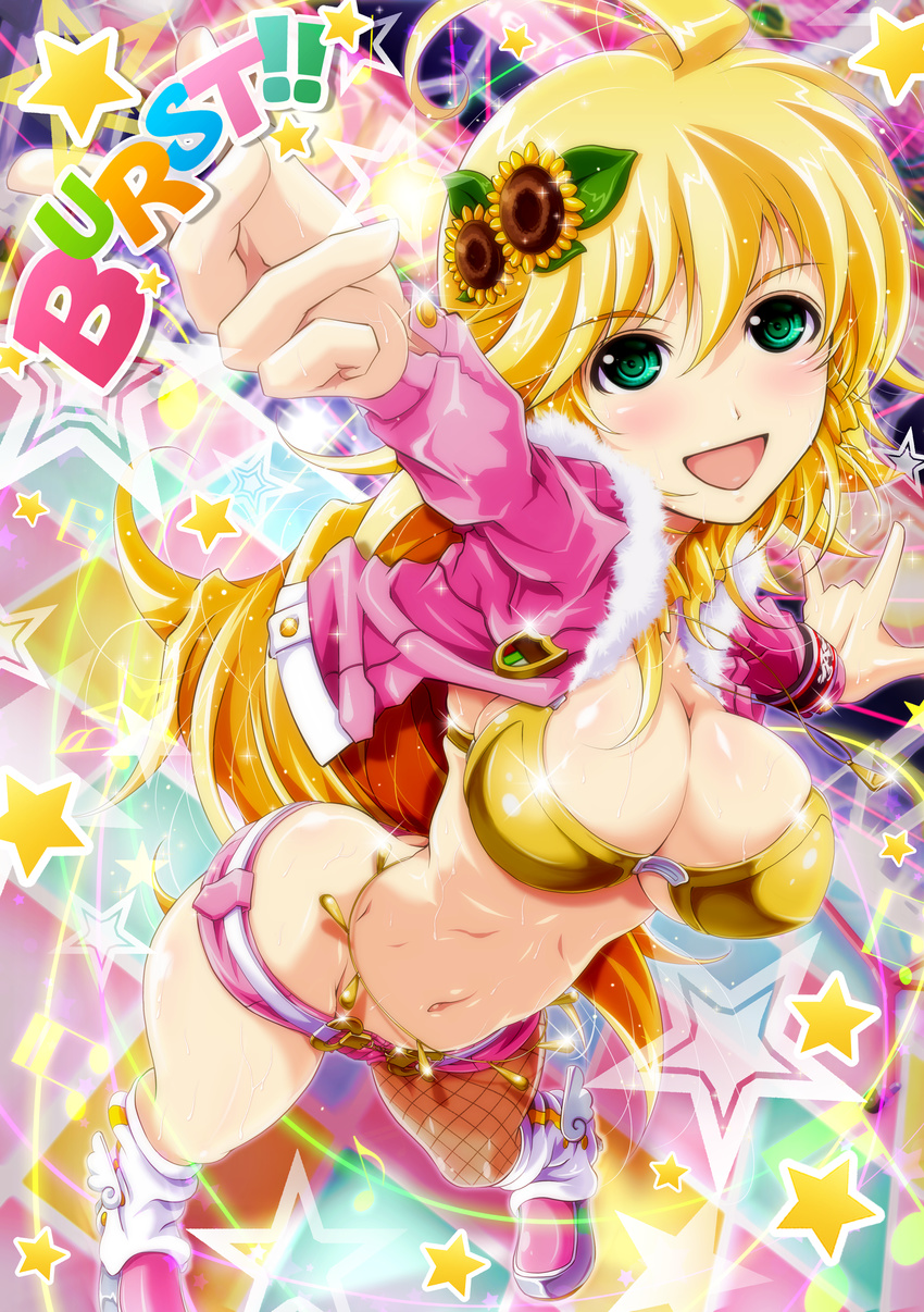 \m/ absurdres ahoge belly_chain blonde_hair breasts fishnet_pantyhose fishnets from_above fur_trim green_eyes highres hoshii_miki idolmaster idolmaster_(classic) jacket jewelry katsuki_yousuke large_breasts long_hair md5_mismatch midriff navel pantyhose pink_diamond_765 short_shorts shorts single_thighhigh solo sweat thighhighs